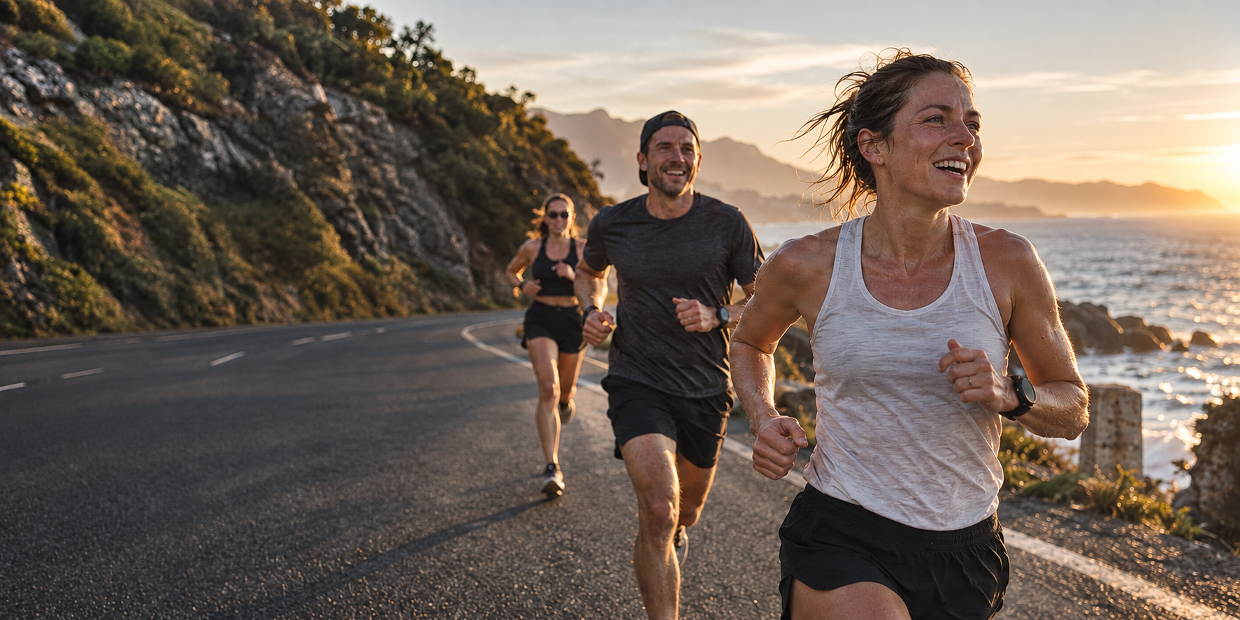 Three runners sharing a morning run along the coast